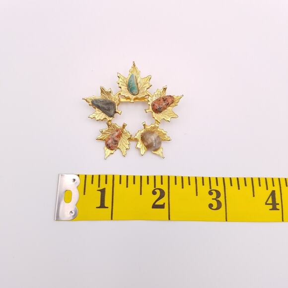Maple Leaf Wreath Brooch Polished Stones Gold Tone Fall Colors - Picture 4 of 4